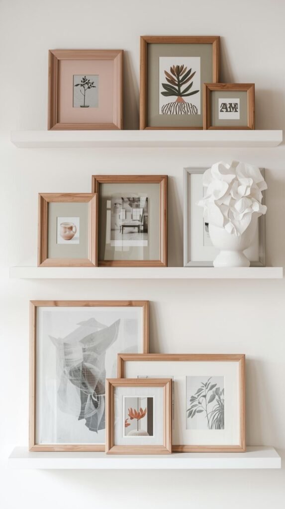 Wooden photo frames painted in soft muted colors, styled on shelves with modern art prints.