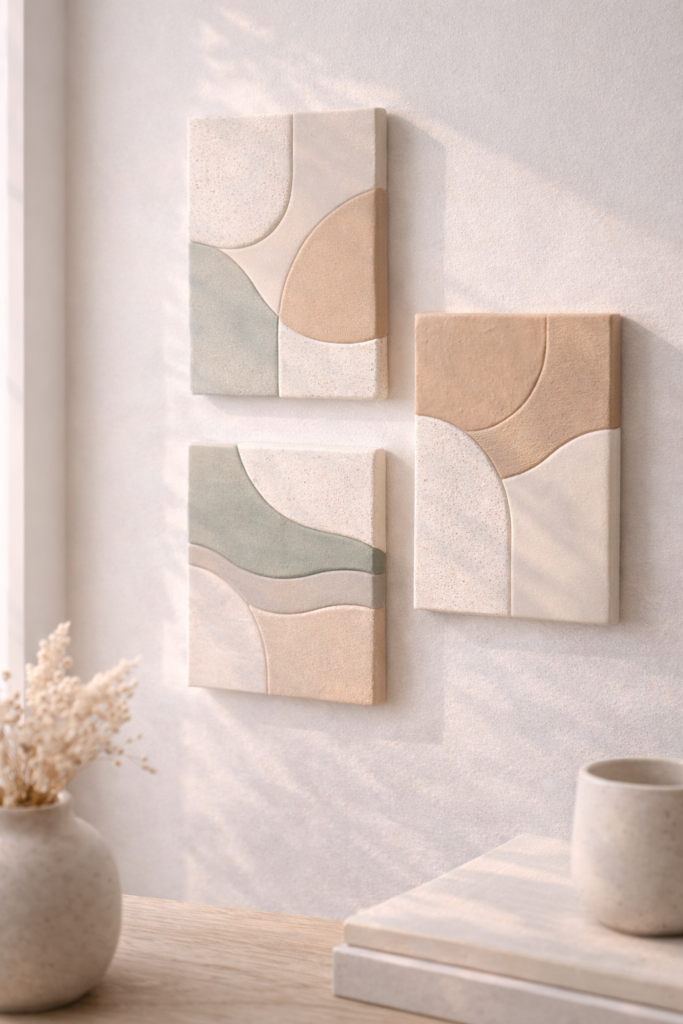 abstract polymer clay wall tiles in neutral earth tones mounted in small gallery grouping on white wall