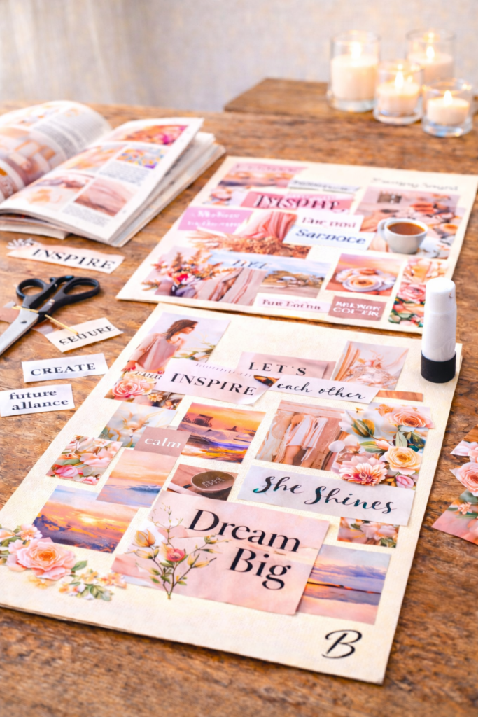 Aesthetic vision boards in progress with magazines, scissors, glue sticks, and inspirational quotes.
