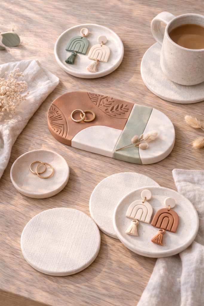 beginner polymer clay projects styled together on light wood table, cohesive neutral and earthy palette, ring dishes, coasters, earrings, and trinket trays