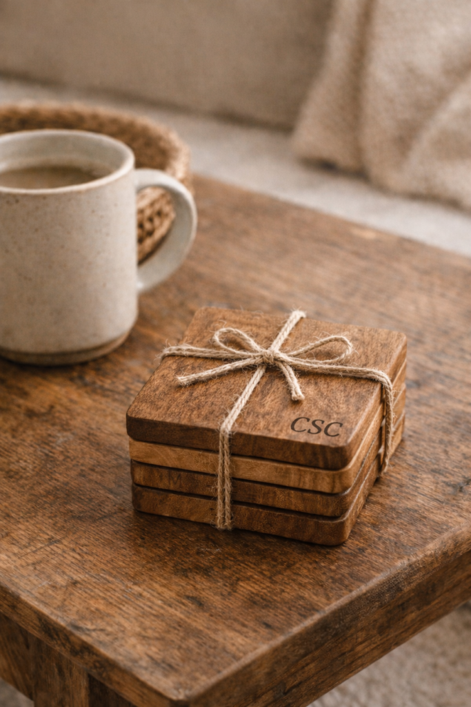 bundled set of four wood-burned coasters tied with twine