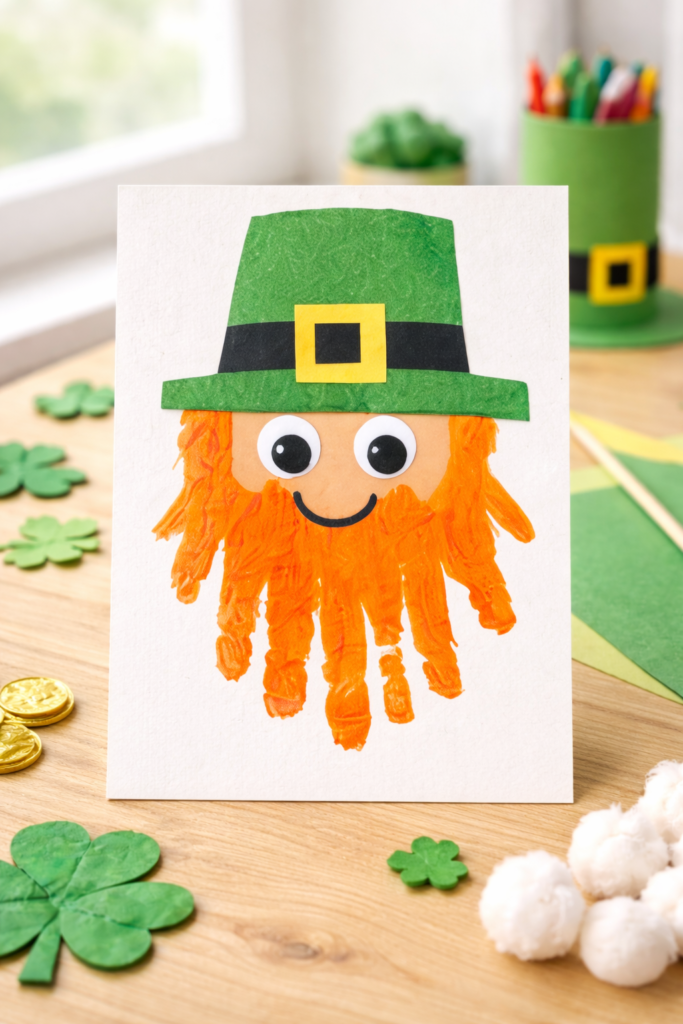 child’s orange handprint transformed into leprechaun beard, green paper hat, googly eyes, displayed on white cardstock