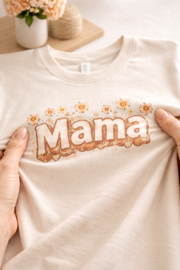 close-up of heat transfer vinyl shirt being stretched slightly to test durability