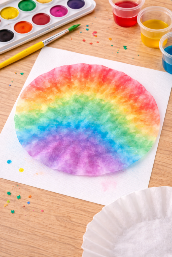 colorful blended rainbow coffee filter art drying on craft table
