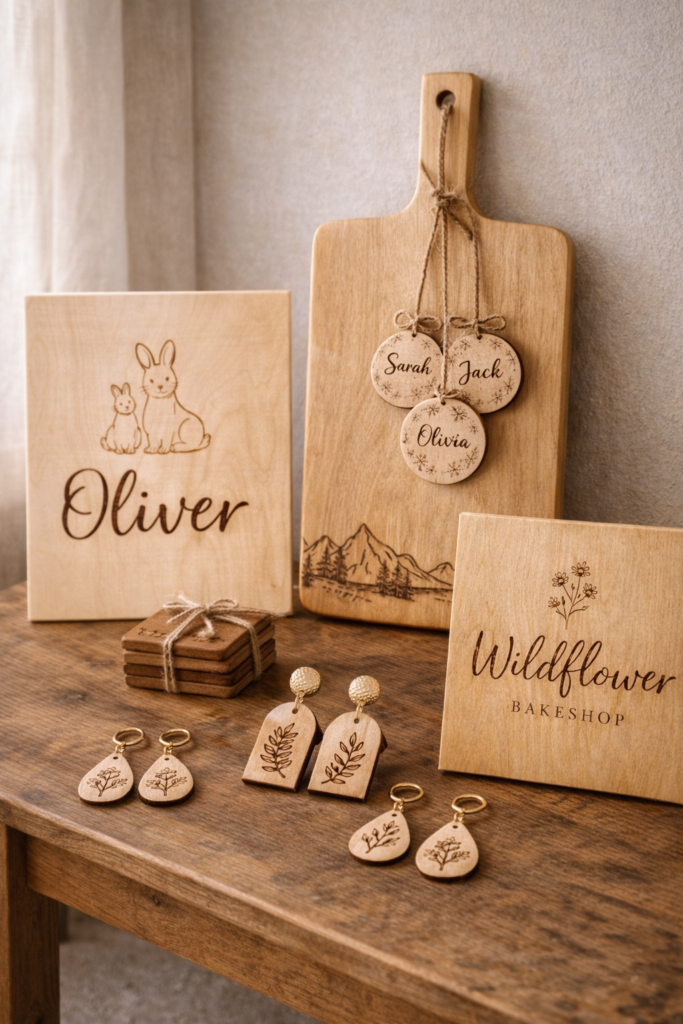 curated collection of wood burned products styled together on a wooden table 