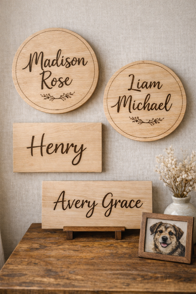 custom wood-burned name signs in script fonts displayed on a neutral wall