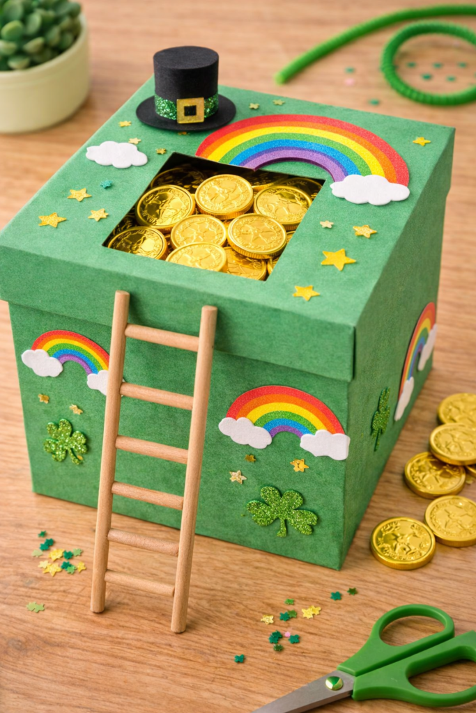 decorated leprechaun trap box covered in green paper, rainbow stickers, gold coins inside