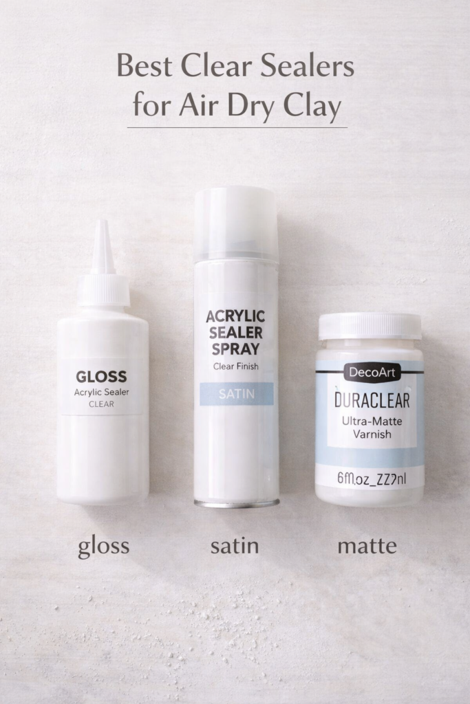 different clear sealers (bottle, spray can, varnish container) arranged neatly on clean white craft table, labeled gloss, satin, matte