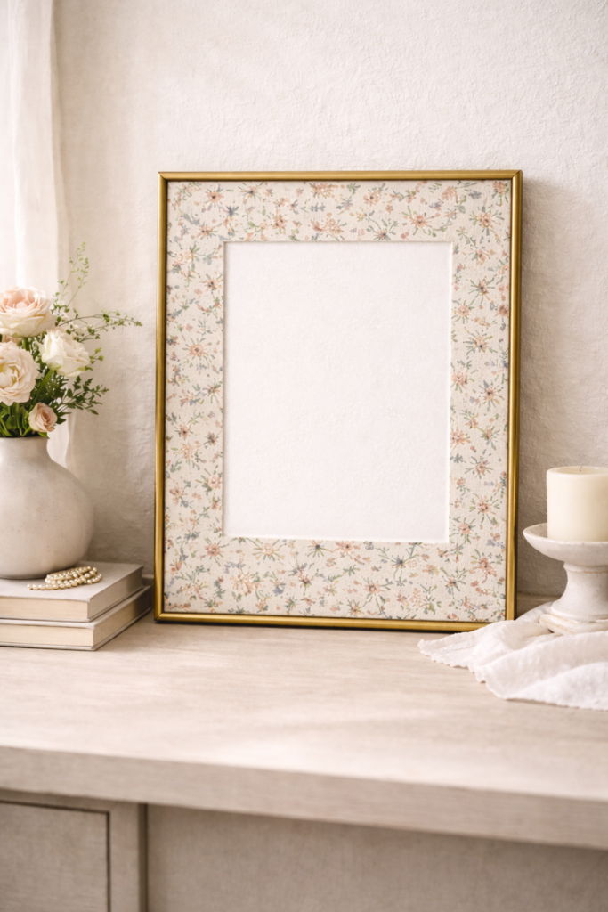 floral mat board with small-scale muted blush and sage floral cotton fabric