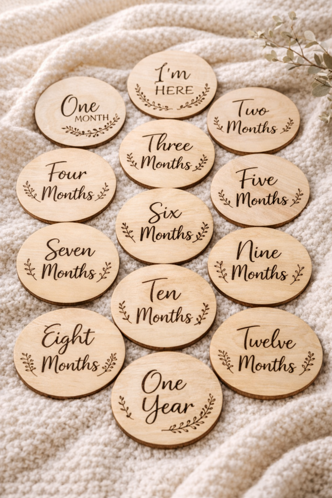 full set of wood burned baby milestone discs 