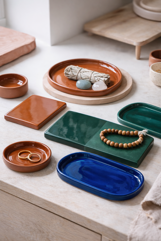 fully finished collection of glazed air dry clay decor styled on modern console table