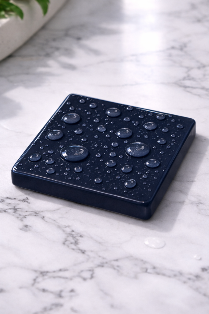 glazed clay coaster with water droplets sitting on surface without soaking in, glossy finish visible
