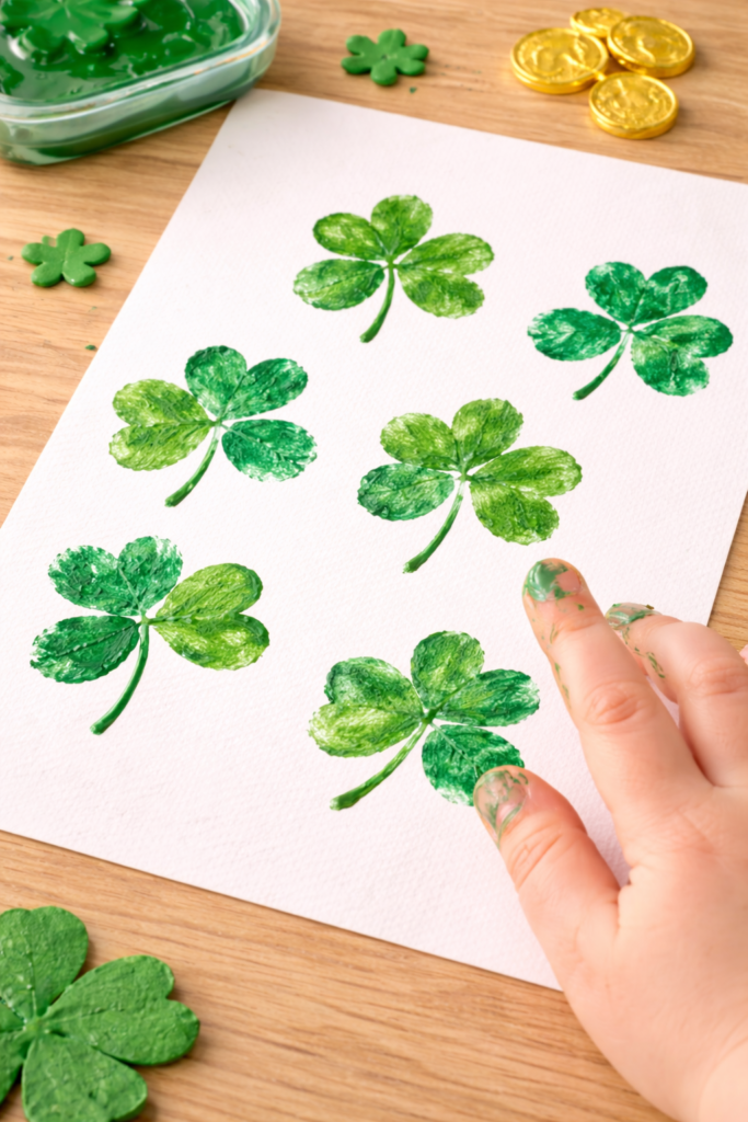 green fingerprint clovers on white paper, visible paint texture, small child’s fingers slightly messy with paint