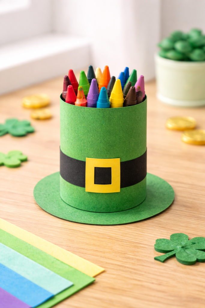 green paper leprechaun hat pencil holder made from toilet paper roll, black band and gold buckle detail