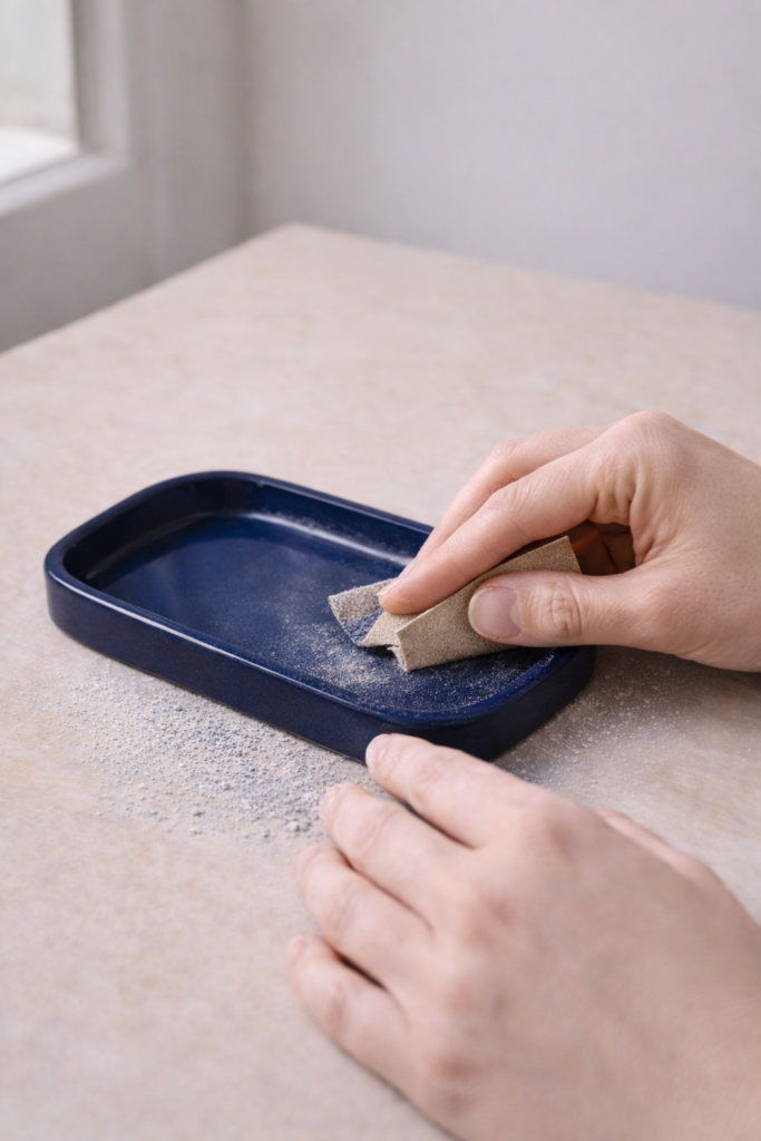 hands lightly sanding a dried air dry clay tray on a craft table, fine grit sandpaper visible