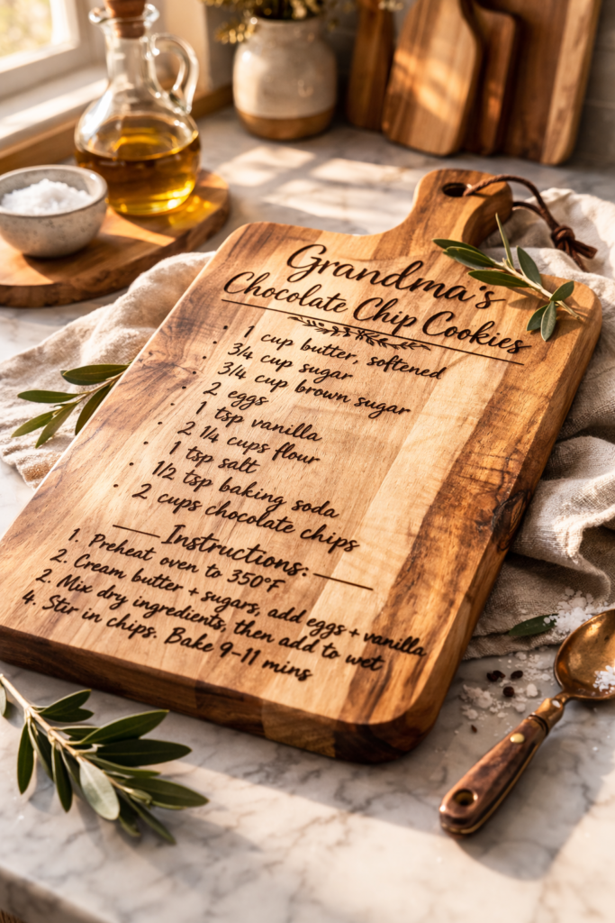hardwood cutting board with a handwritten recipe burned into the surface.