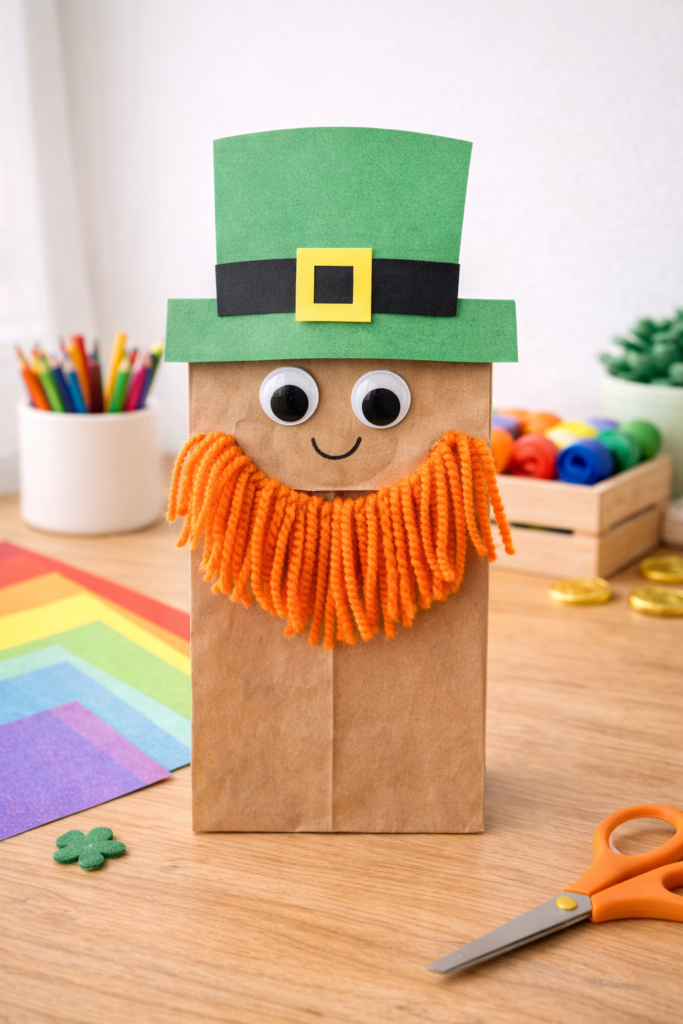 image of brown paper bag leprechaun puppet with orange yarn beard, green hat, googly eyes, standing upright on craft table