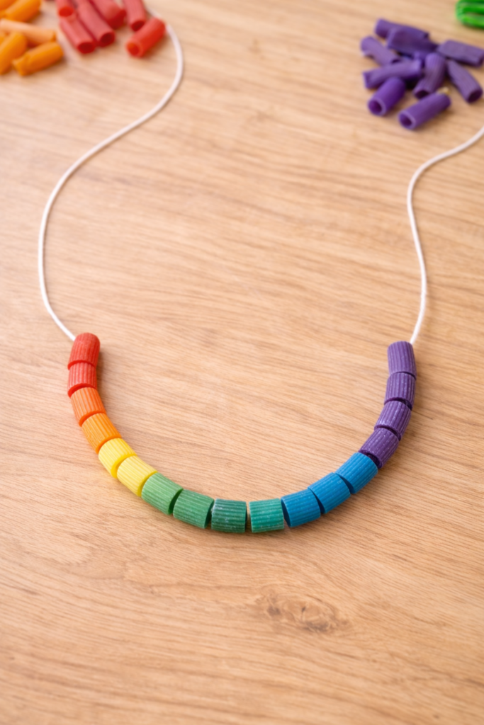 image of dyed rainbow pasta necklace laid out in arch shape