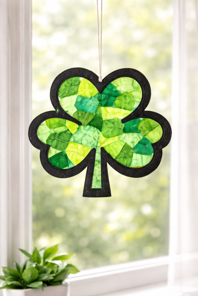 image of green tissue paper shamrock suncatcher hanging in sunny window, glowing light filtering
