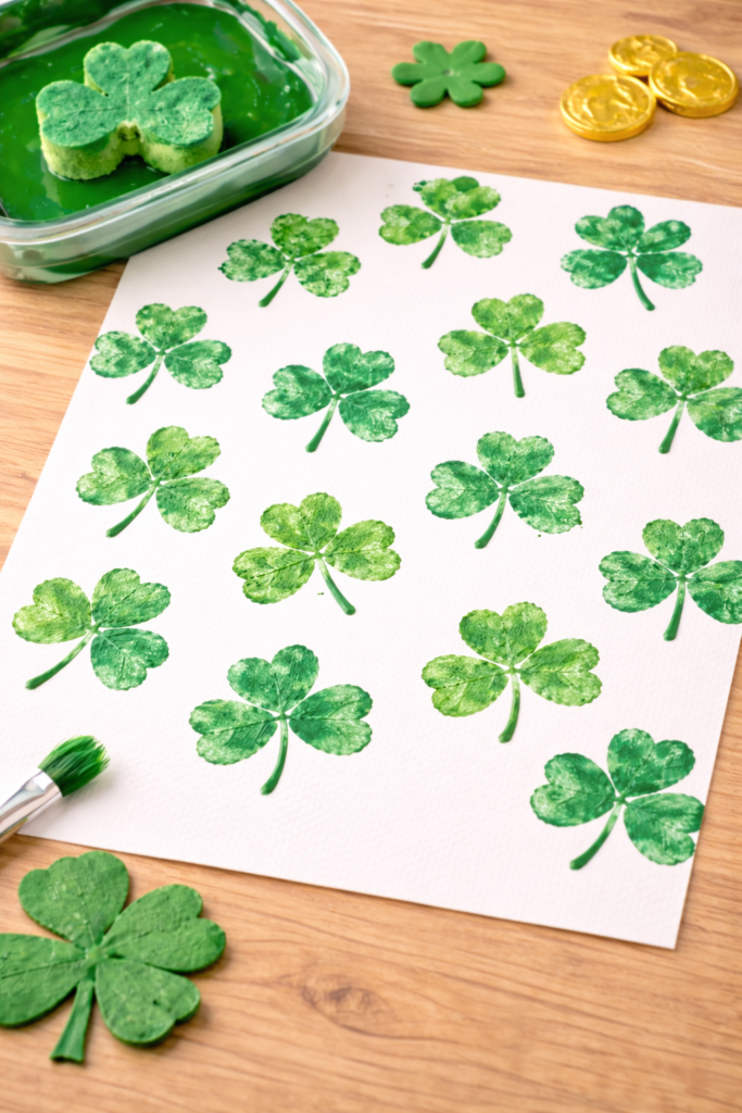 image of shamrock sponge stamps creating repeating green clover pattern on white paper