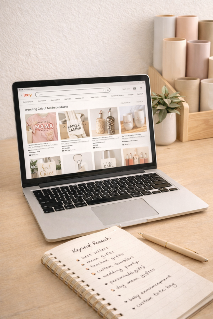 laptop open to search page with trending products visible
