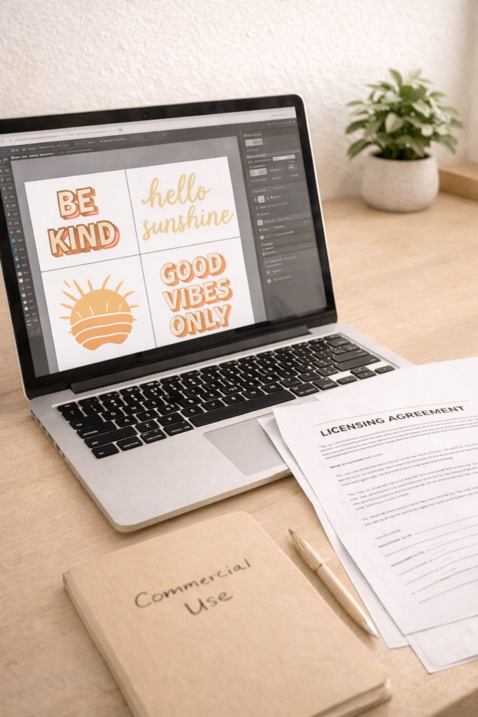 laptop screen showing design software with generic typography artwork, beside printed licensing agreement papers