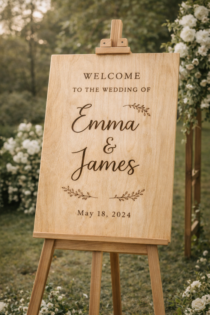 large wood burned wedding welcome sign on wooden easel