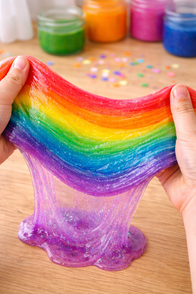 close-up of layered rainbow slime stretched between hands, glossy texture