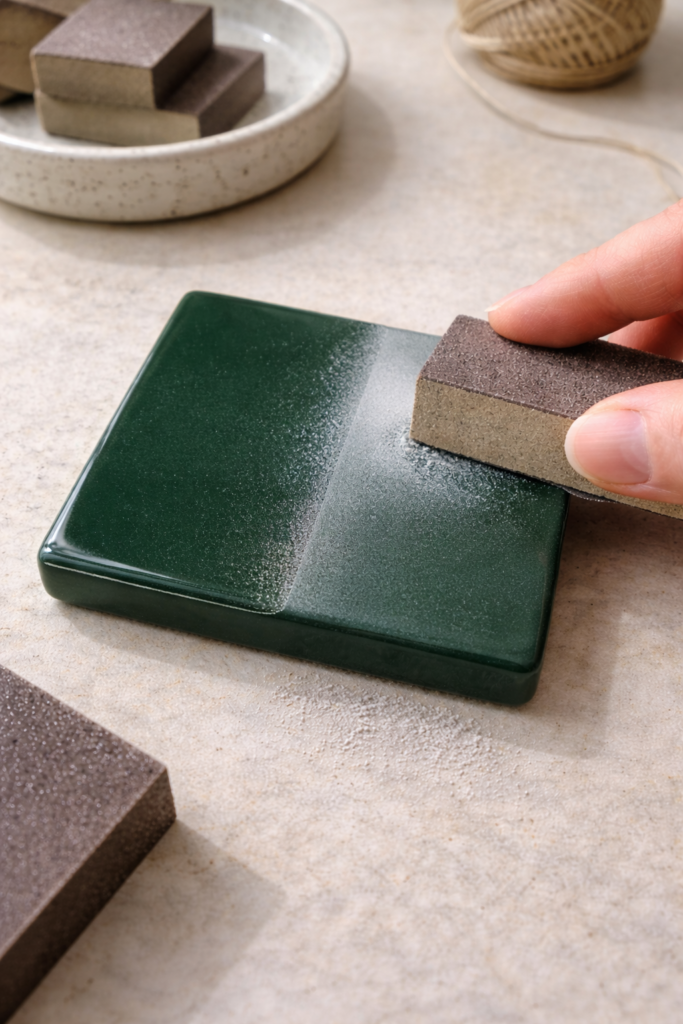 lightly sanding a dark solid green glazed clay piece, half sanded smooth and glaze and half sanded for comparison