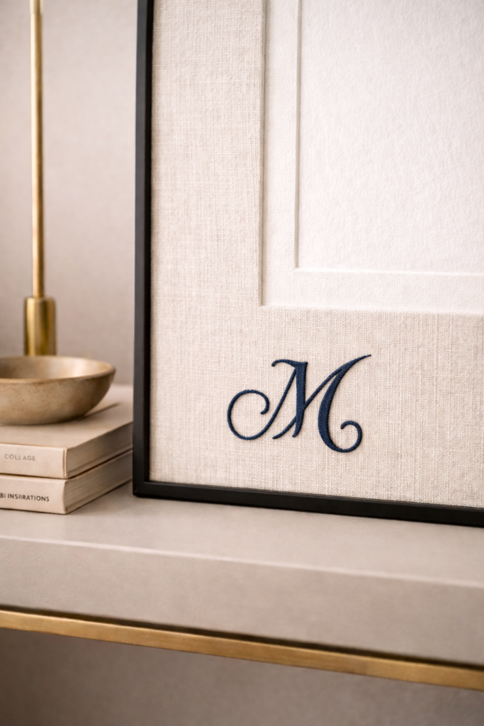 linen mat board with small embroidered monogram in lower corner, subtle ivory stitching, black thin frame
