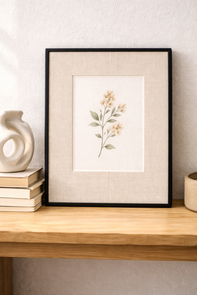 linen-wrapped mat board inside a thin black frame, soft oat and ivory tones, subtle woven texture