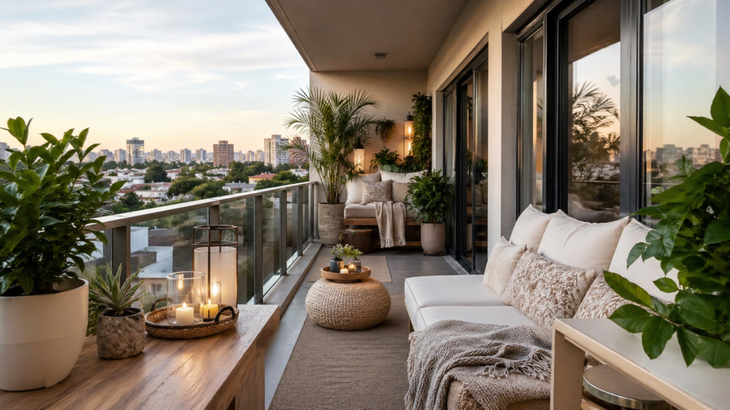long narrow apartment balcony transformed into a stylish multi-use space