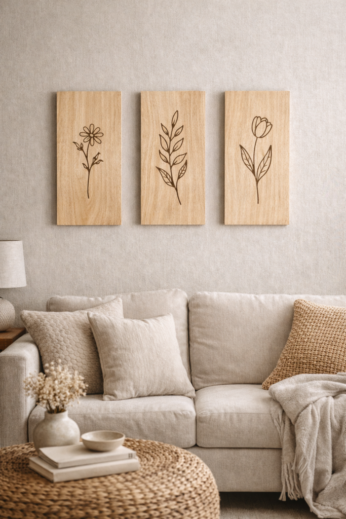 minimalist wood burned botanical line art panels