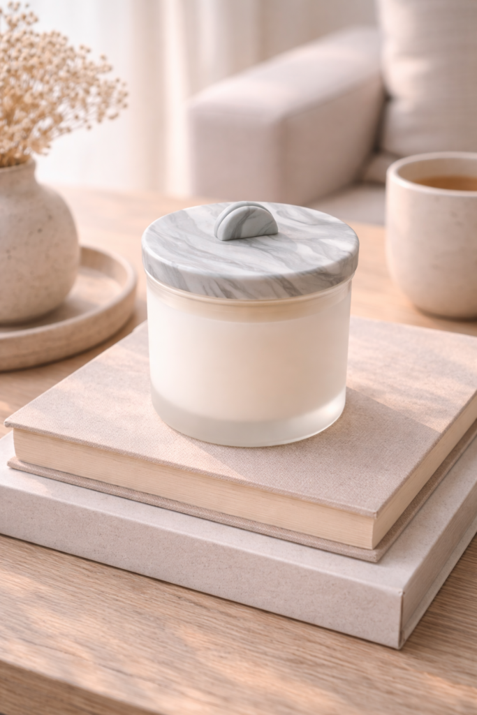 modern candle jar topped with handmade polymer clay lid in soft matte gray marble effect, styled on minimalist coffee table