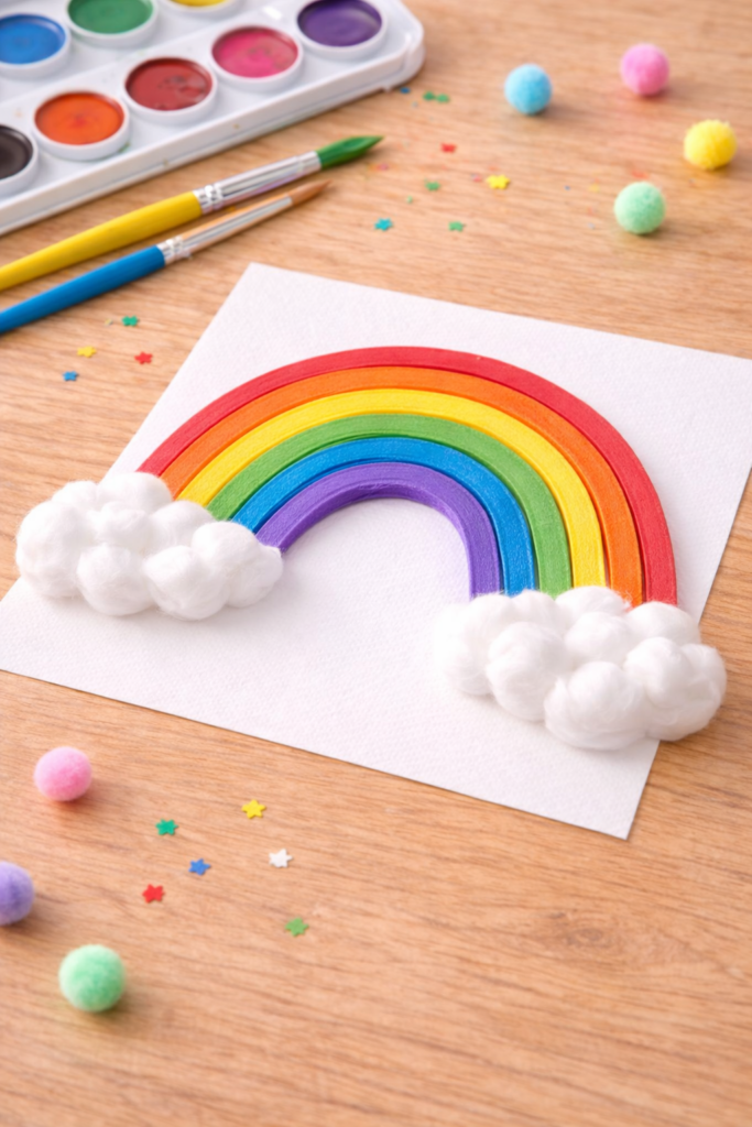 painted popsicle sticks arranged in rainbow arch with cotton ball clouds