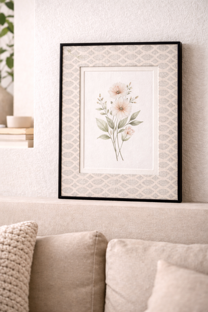 patterned fabric frame mat using muted geometric cotton print