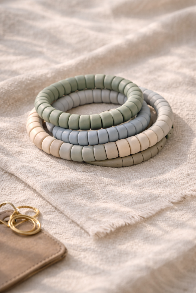 polymer clay bead bracelets in earthy tones of terracotta, sand, and cream, styled on a soft woven fabric
