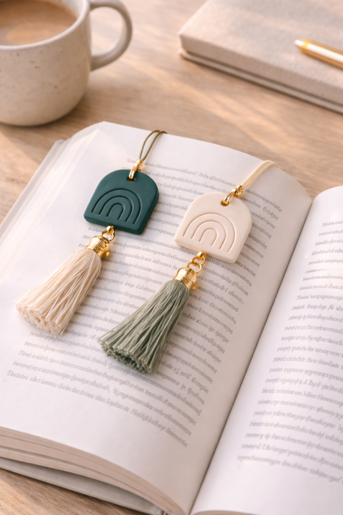 polymer clay bookmark charms in deep emerald and soft cream tones, thin tassel attached, placed inside open book on light wooden desk