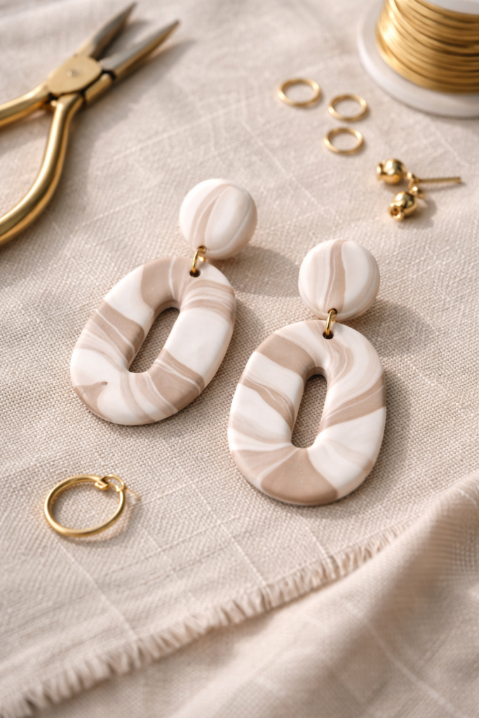 Vertical 916 close-up image of handmade marbled polymer clay earrings in soft white and taupe swirl, arranged on a textured linen background