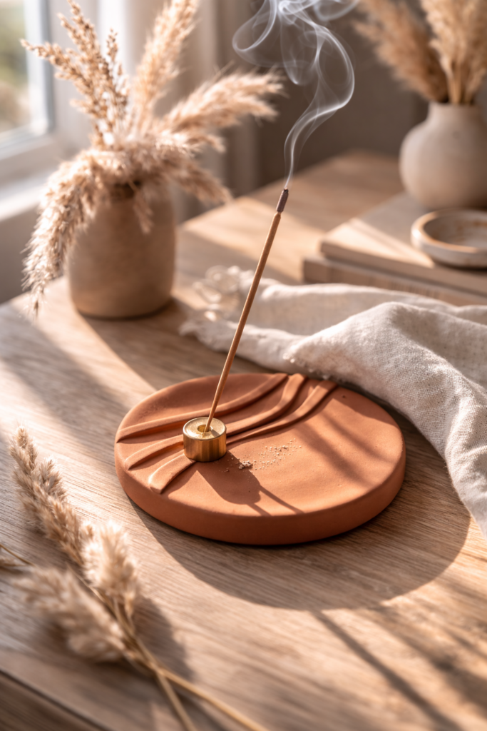 polymer clay incense holder in warm terracotta tone, incense stick burning with soft smoke trail