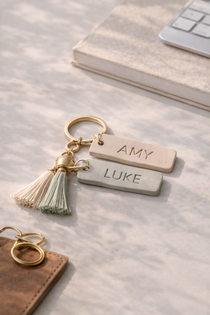 polymer clay keychains in neutral beige and soft gray tones, clean embossed lettering visible