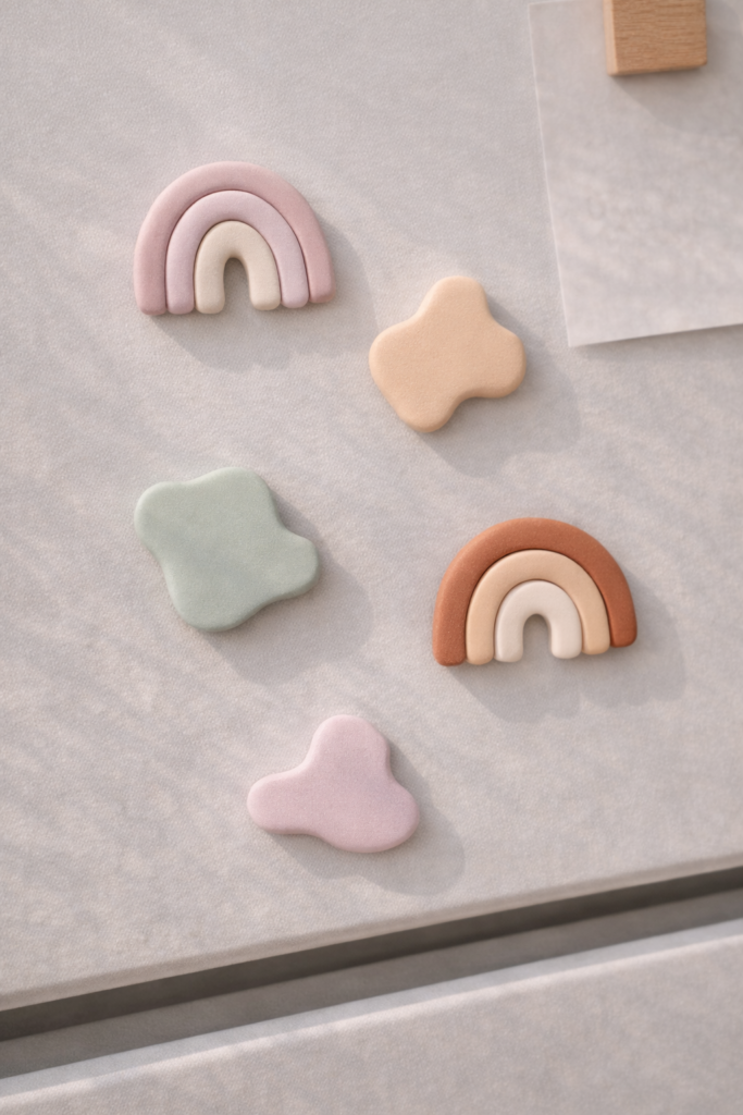 small handmade polymer clay magnets in simple shapes like rainbows