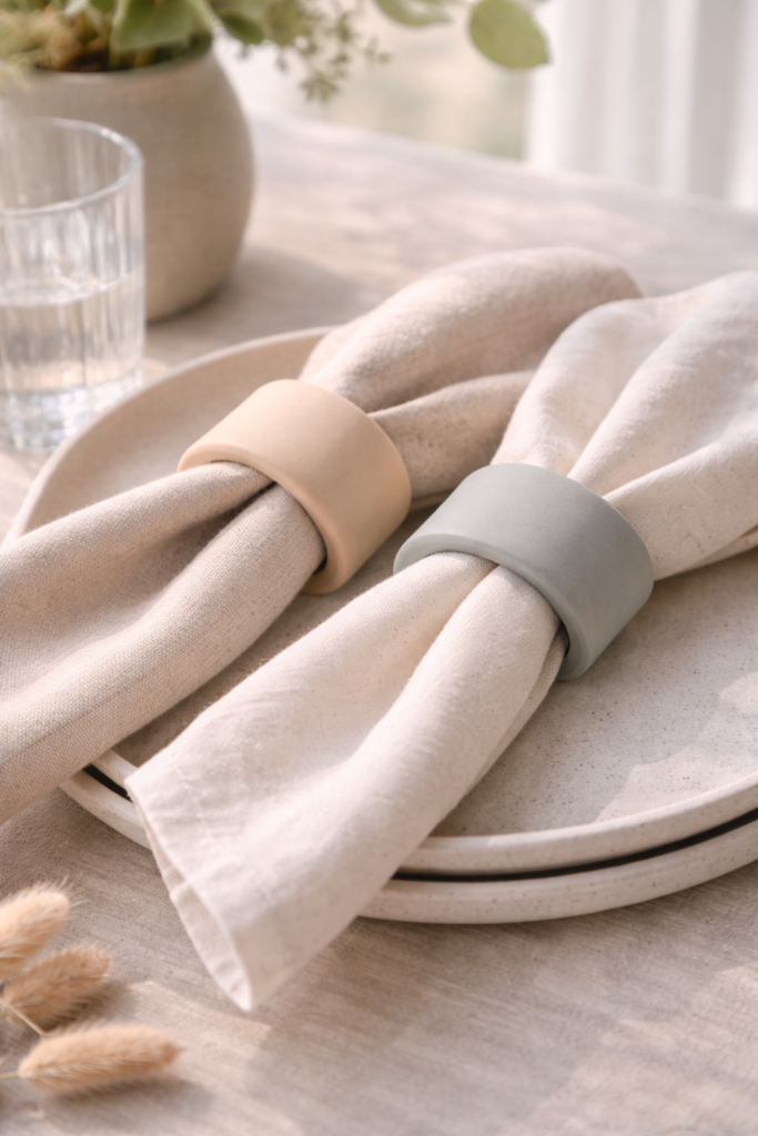 polymer clay napkin rings in matte beige and soft gray, styled on a modern table setting with linen napkins