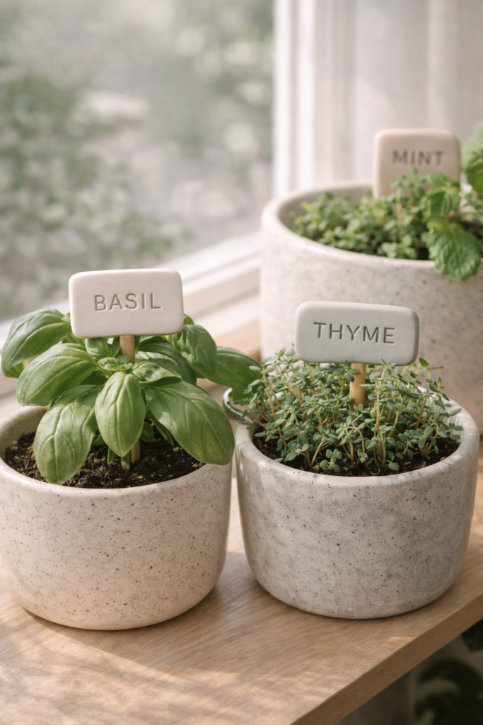 stamped polymer clay plant markers in soft neutral tones placed in small herb pots, indoor plant shelf