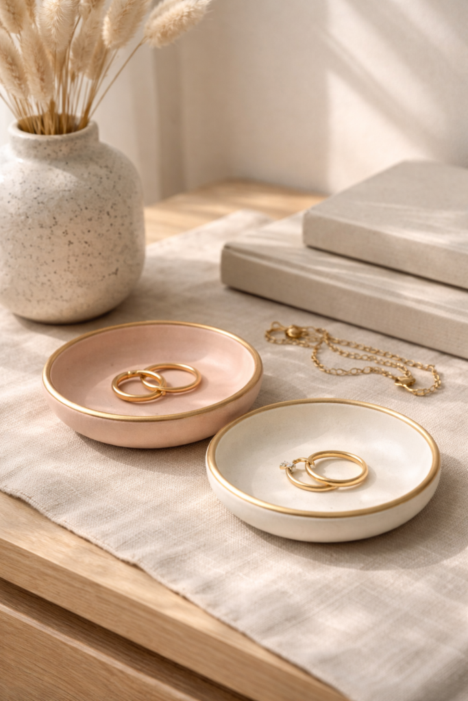polymer clay ring dishes in soft neutral tones, matte cream and blush with thin gold rim detail