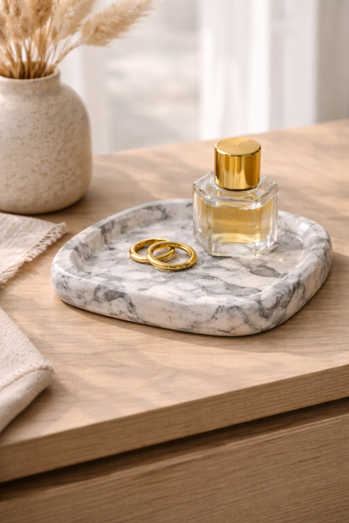 marble-effect polymer clay trinket tray in white and gray swirl, styled on a modern dresser