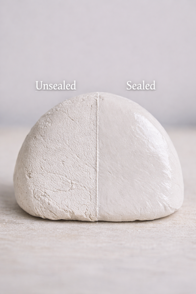 raw air dry clay piece half sealed and half unsealed, visible contrast between chalky matte side and smooth sealed side