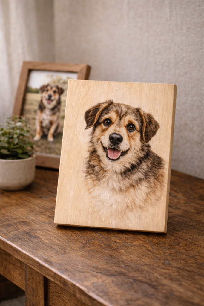realistic wood-burned pet portrait on smooth basswood plaque