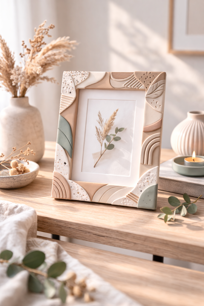 simple wooden picture frame decorated with subtle polymer clay corner accents in soft neutral tones