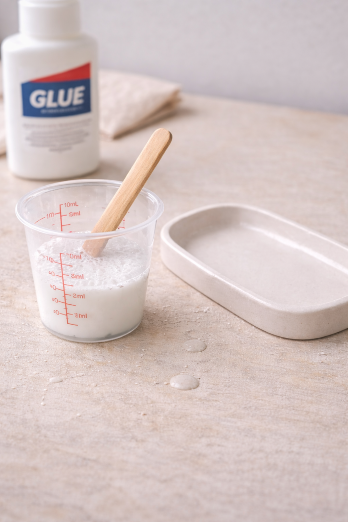 small mixing cup with glue and water mixture next to finished satin-finish clay dish 
